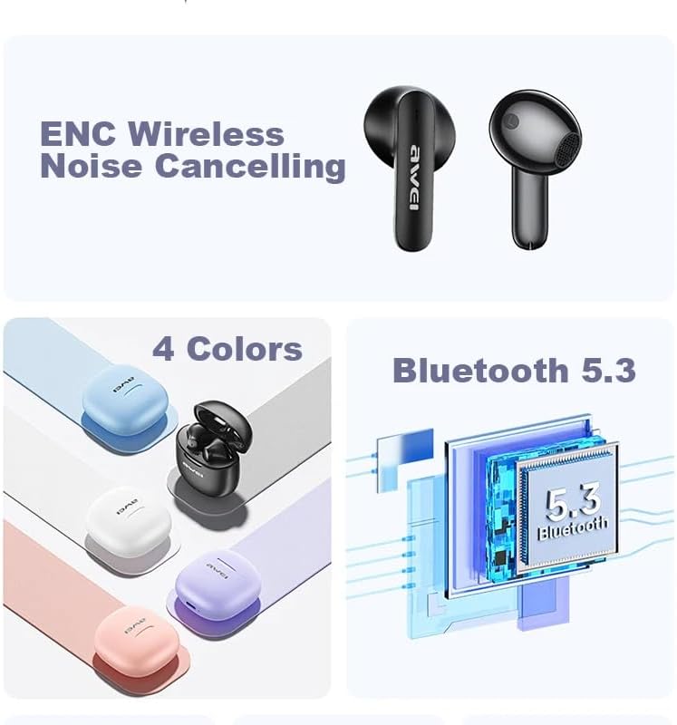 Awei T68 ENC Wireless Earphone Noise Cancelling Bluetooth 5.3 Headphone 4 Mic ENC HD Call TWS Earbuds Deep Bass Earphones (Black)