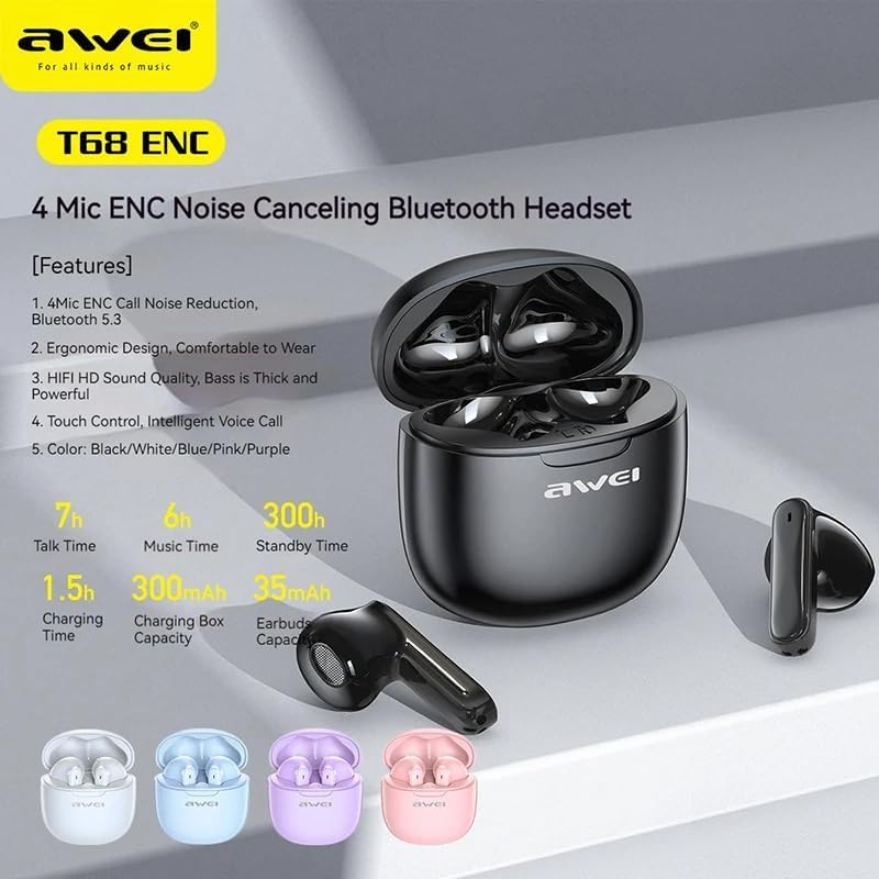 Awei T68 ENC Wireless Earphone Noise Cancelling Bluetooth 5.3 Headphone 4 Mic ENC HD Call TWS Earbuds Deep Bass Earphones (Black)