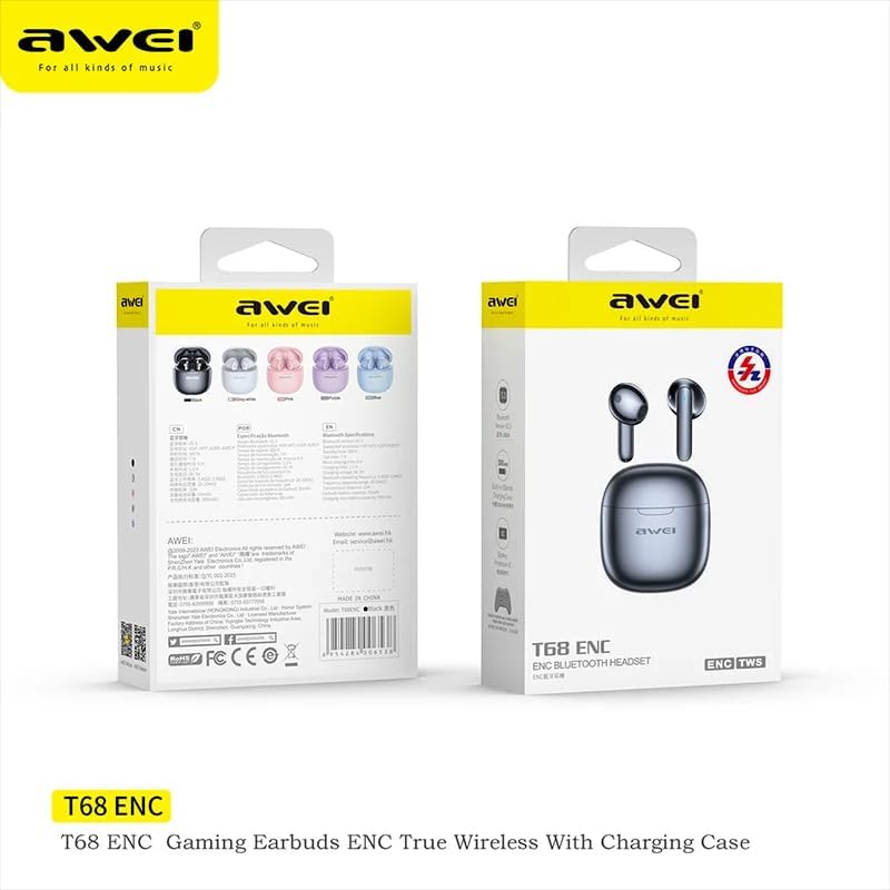 Awei T68 ENC Wireless Earphone Noise Cancelling Bluetooth 5.3 Headphone 4 Mic ENC HD Call TWS Earbuds Deep Bass Earphones (Black)