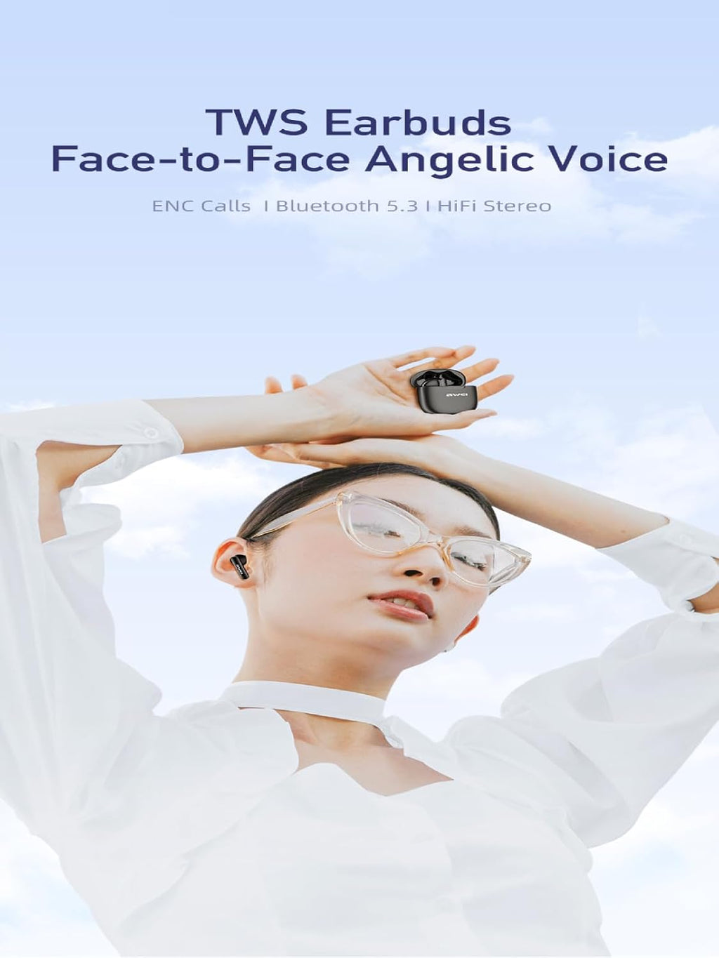 Awei T68 ENC Wireless Earphone Noise Cancelling Bluetooth 5.3 Headphone 4 Mic ENC HD Call TWS Earbuds Deep Bass Earphones (Black)