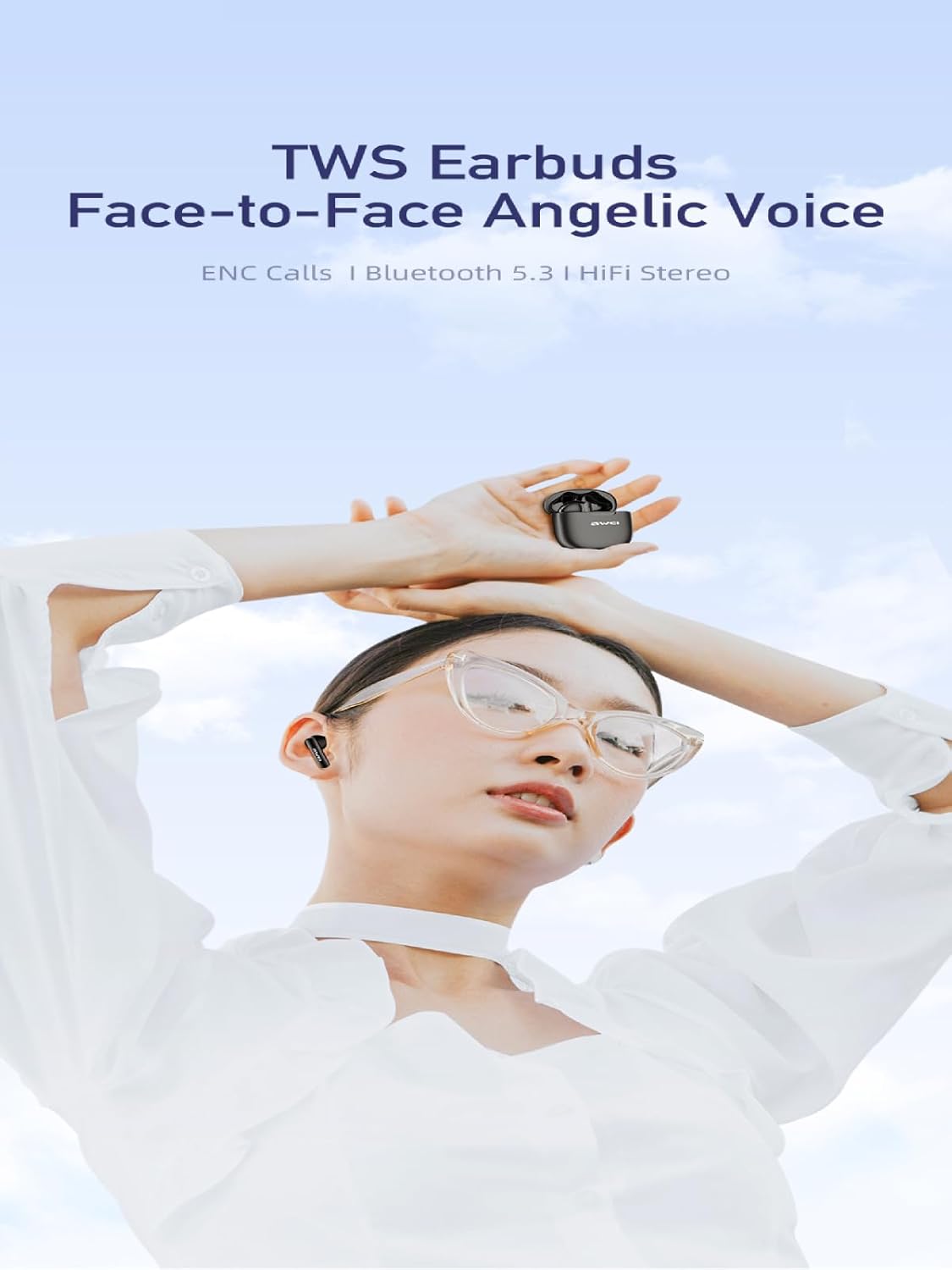 Awei T68 ENC Wireless Earphone Noise Cancelling Bluetooth 5.3 Headphone 4 Mic ENC HD Call TWS Earbuds Deep Bass Earphones (Black)