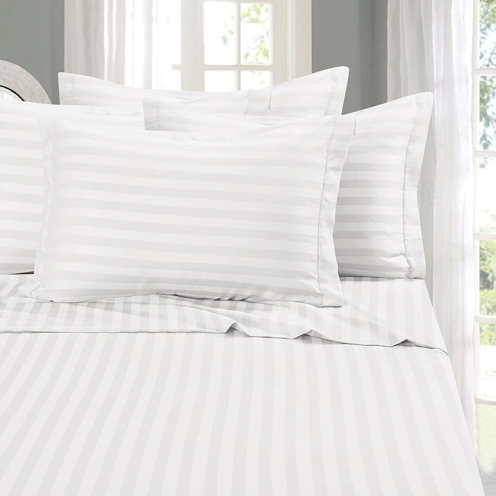 Lazy Hauz 4-Piece Hotel Quality Bed Sheet Set - Double Size, White Striped, 100% Cotton, Includes 160x210 Quilt Cover, 120x200 Fitted Sheet, and 2 Pillowcases (48x78) - Soft, Breathable, and Durable