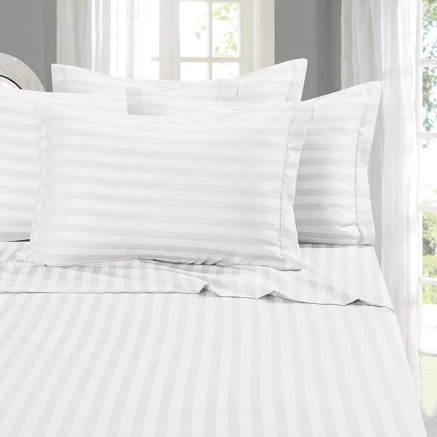 Lazy Hauz 4-Piece Hotel Quality Bed Sheet Set - Double Size, White Striped, 100% Cotton, Includes 160x210 Quilt Cover, 120x200 Fitted Sheet, and 2 Pillowcases (48x78) - Soft, Breathable, and Durable