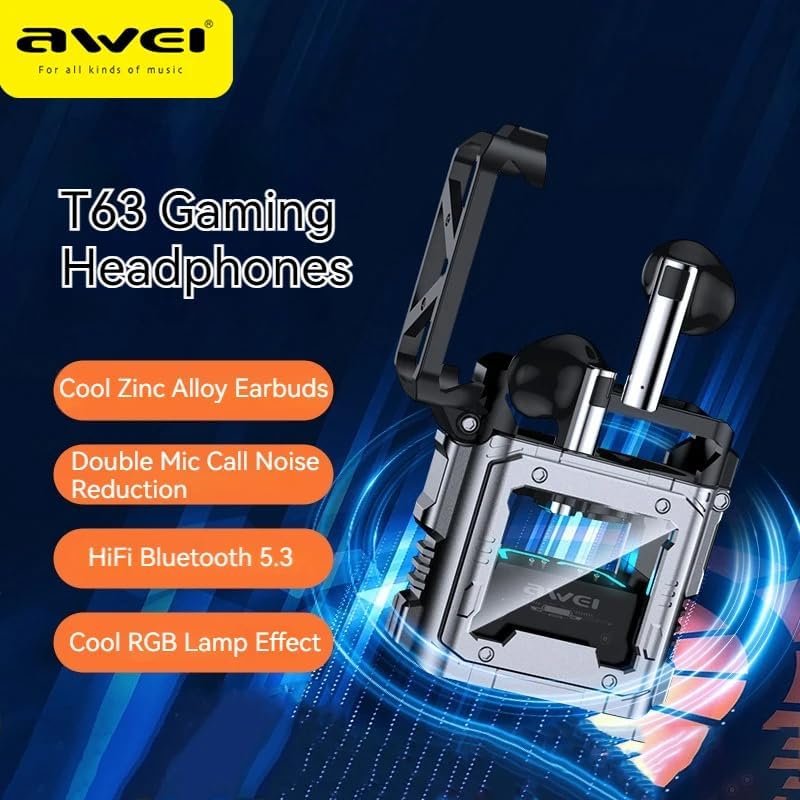 awei Original T63 Gamer Earphones | Bluetooth 5.3 Headphones | Wireless Headset Waterproof | TWS Call Dual Mode Gaming Headset With Mic | Long Battery Life (Black)