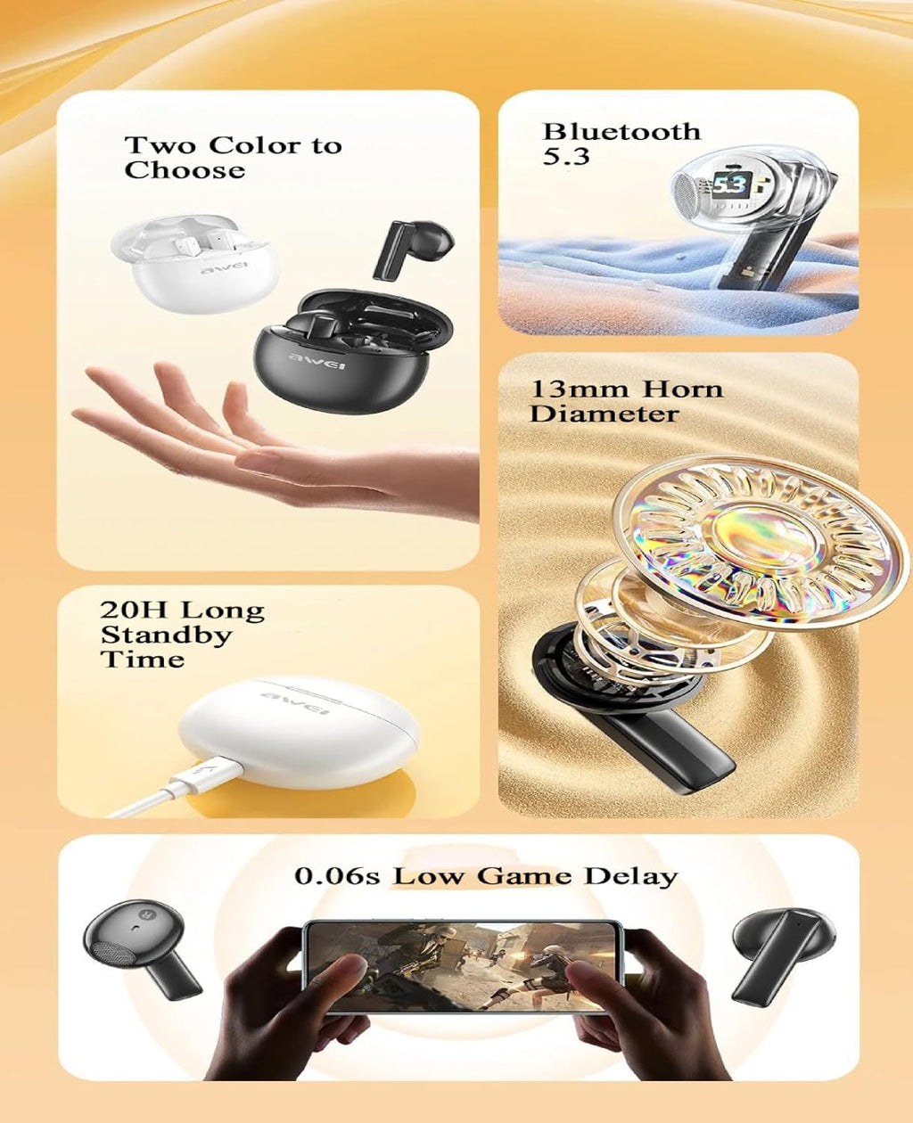 Awei T87 TWS Earbuds Wireless Bluetooth Earphones With Mic HD Call Noise Reduction Headphones Hifi Sound Music Headset Gamer (White)