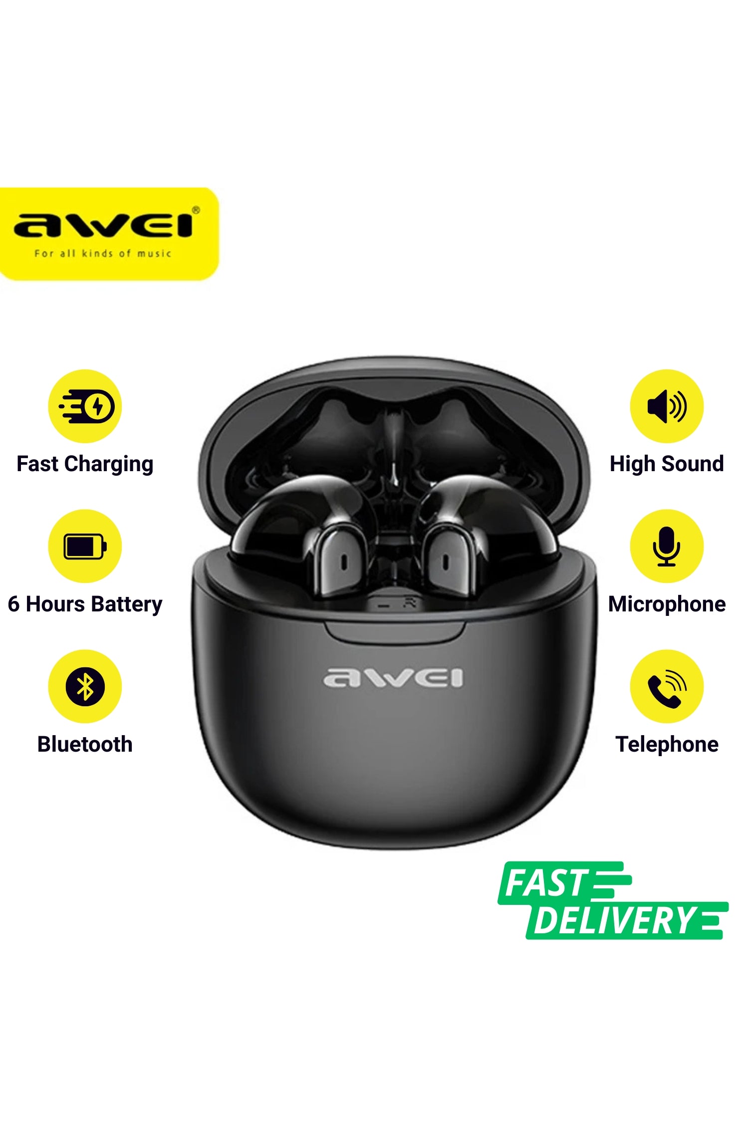 Awei T68 ENC Wireless Earphone Noise Cancelling Bluetooth 5.3 Headphone 4 Mic ENC HD Call TWS Earbuds Deep Bass Earphones (Black)
