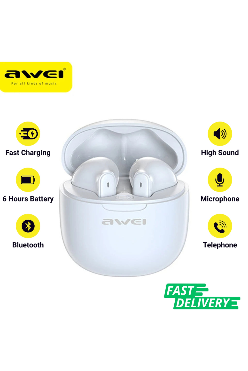Awei T68 ENC Wireless Earphone Noise Cancelling Bluetooth 5.3 Headphone 4 Mic ENC HD Call TWS Earbuds Deep Bass Earphones (Black)